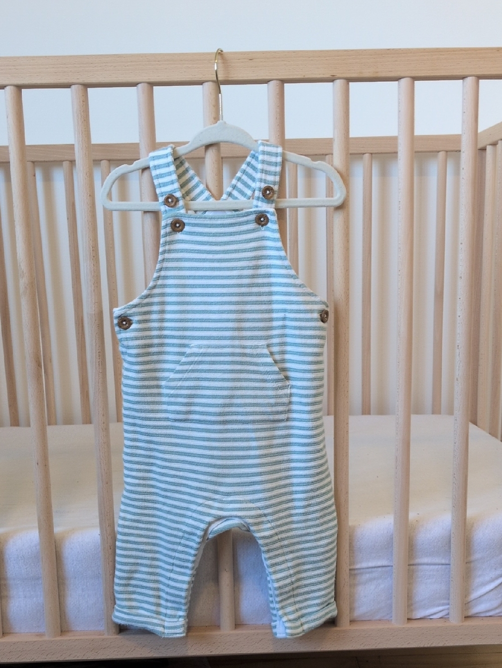 6-9 - 100% Cotton - Striped Light Blue & White Baby Overalls -